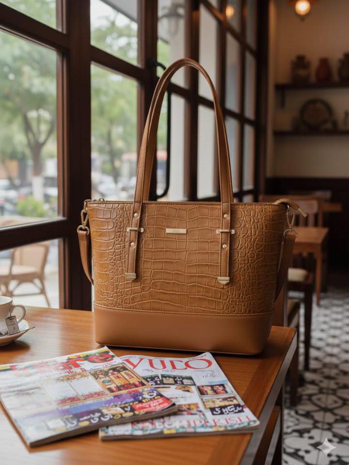 Croc-Embossed Structured Shoulder Tote Bag —   handbag by HandbagsAvenue